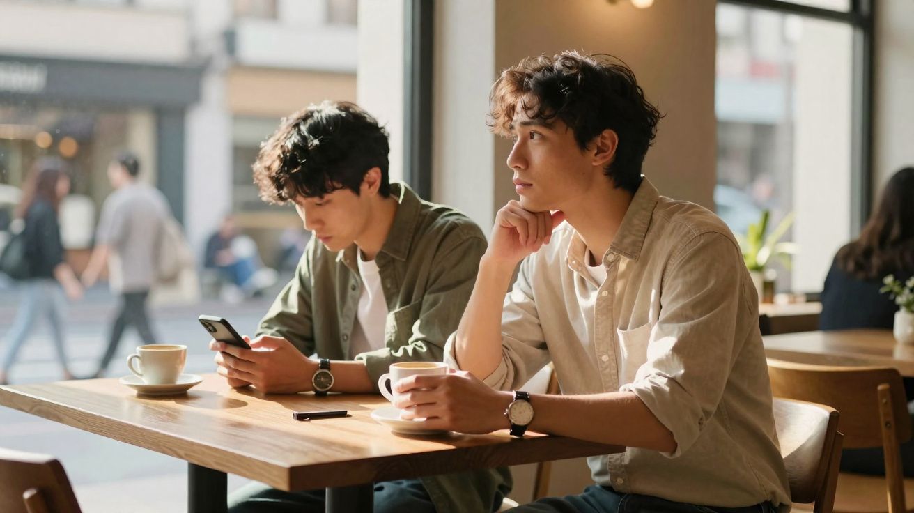 Dois jovens sentados em café, um olhando o celular e outro pensativo segurando uma xícara.