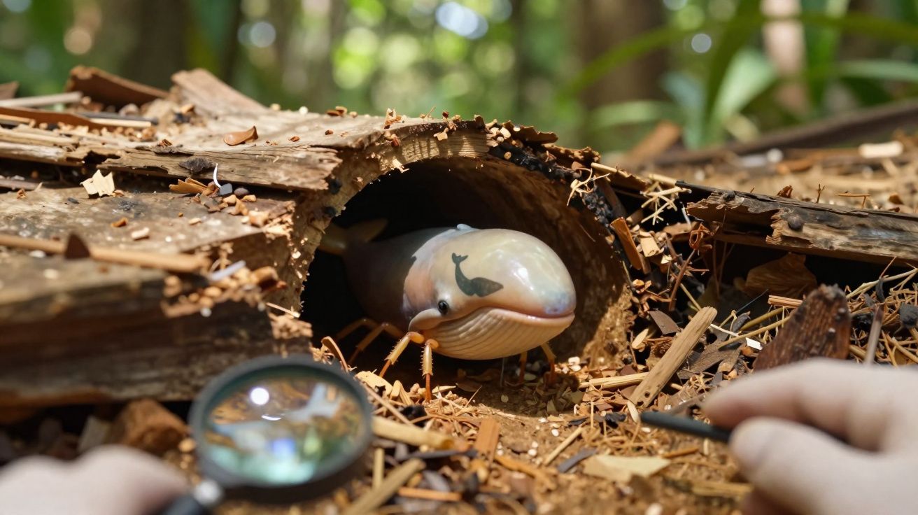 Mão segurando lupa observa bebê golfinho saindo de tronco oco no chão da floresta.