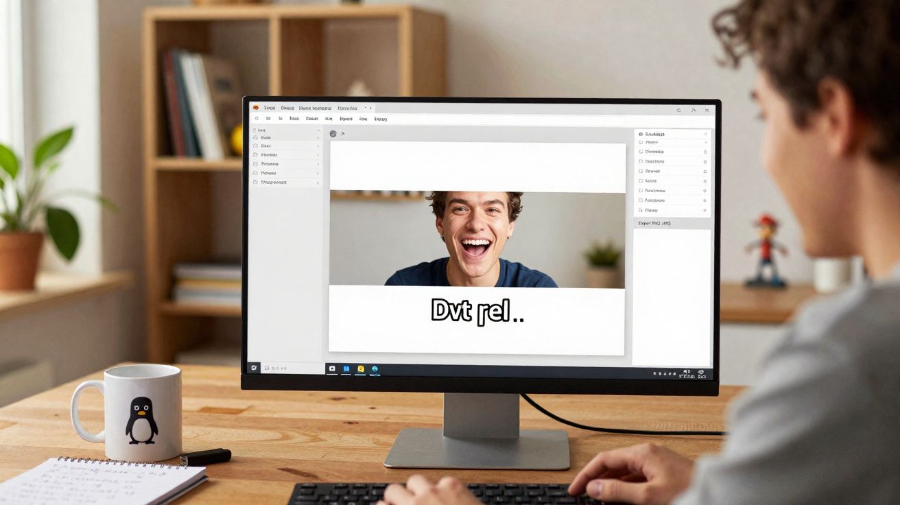 Pessoa olhando para rosto sorridente na tela do computador em ambiente de escritório.