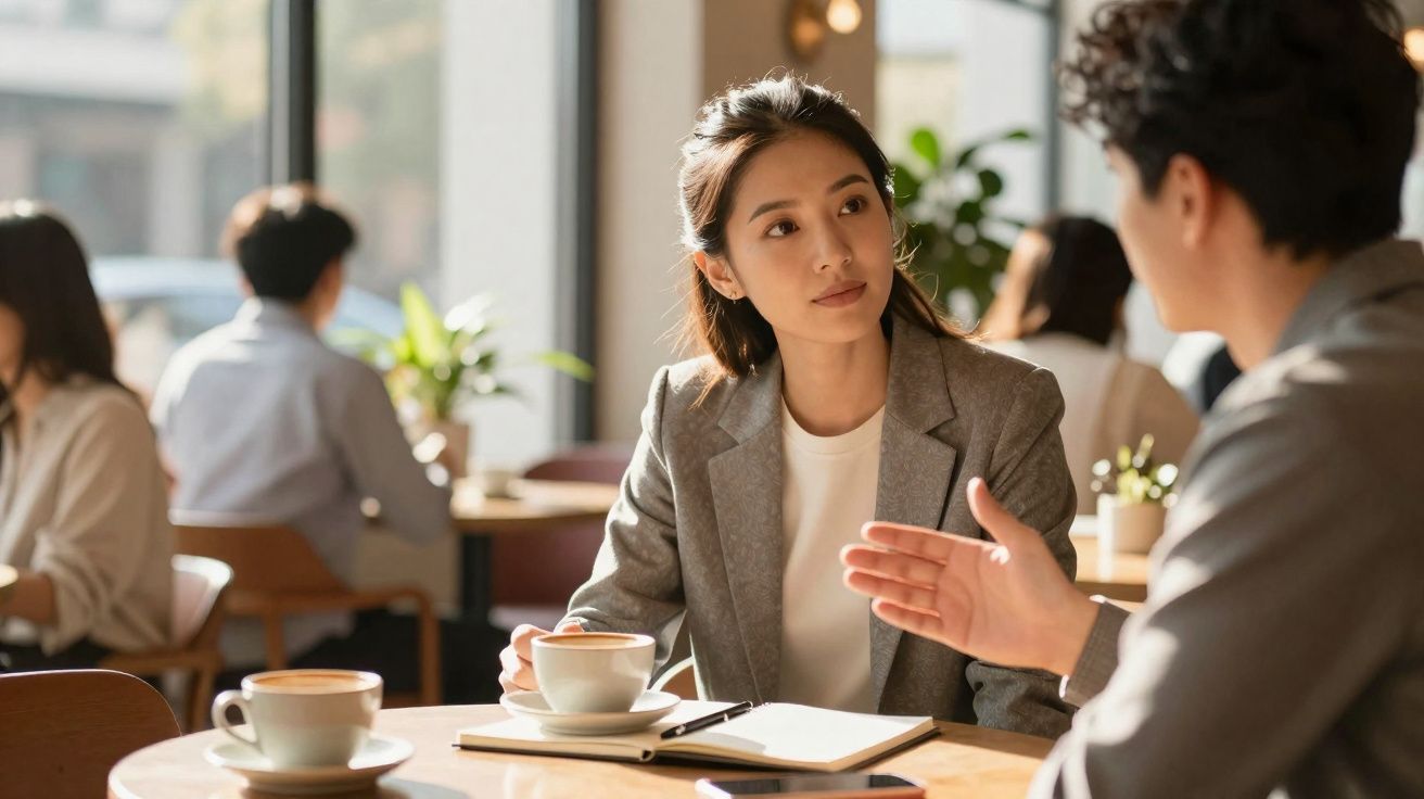 Mulher ouvindo atentamente homem durante conversa em cafeteria iluminada, com xícaras e caderno na mesa.