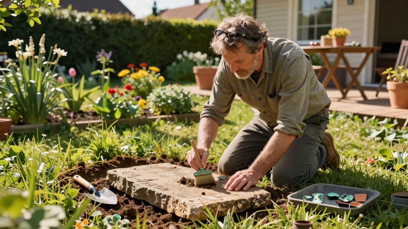 Homem limpando lápide com pincel em jardim florido próximo a casa.