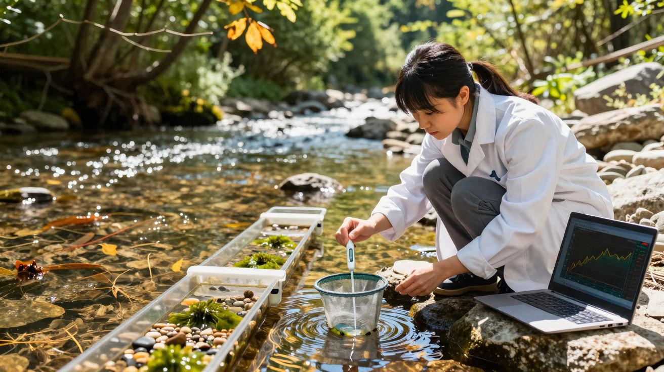 Pesquisadora coleta amostras de água em riacho, com laptop aberto ao lado, em ambiente natural sereno.