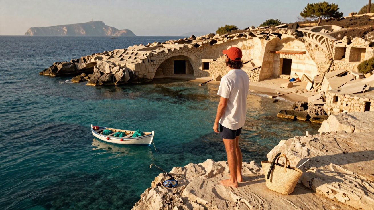 Homem de boné vermelho e roupa casual olhando para barco e ruínas de pedra na beira do mar azul transparente.