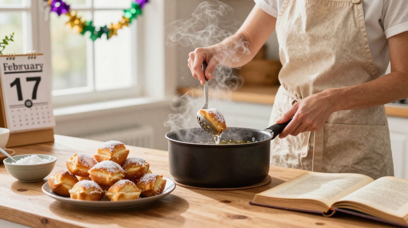 Pessoa preparando bolinhos fritos com açúcar em panela na cozinha iluminada, ao lado de calendário e livro aberto.