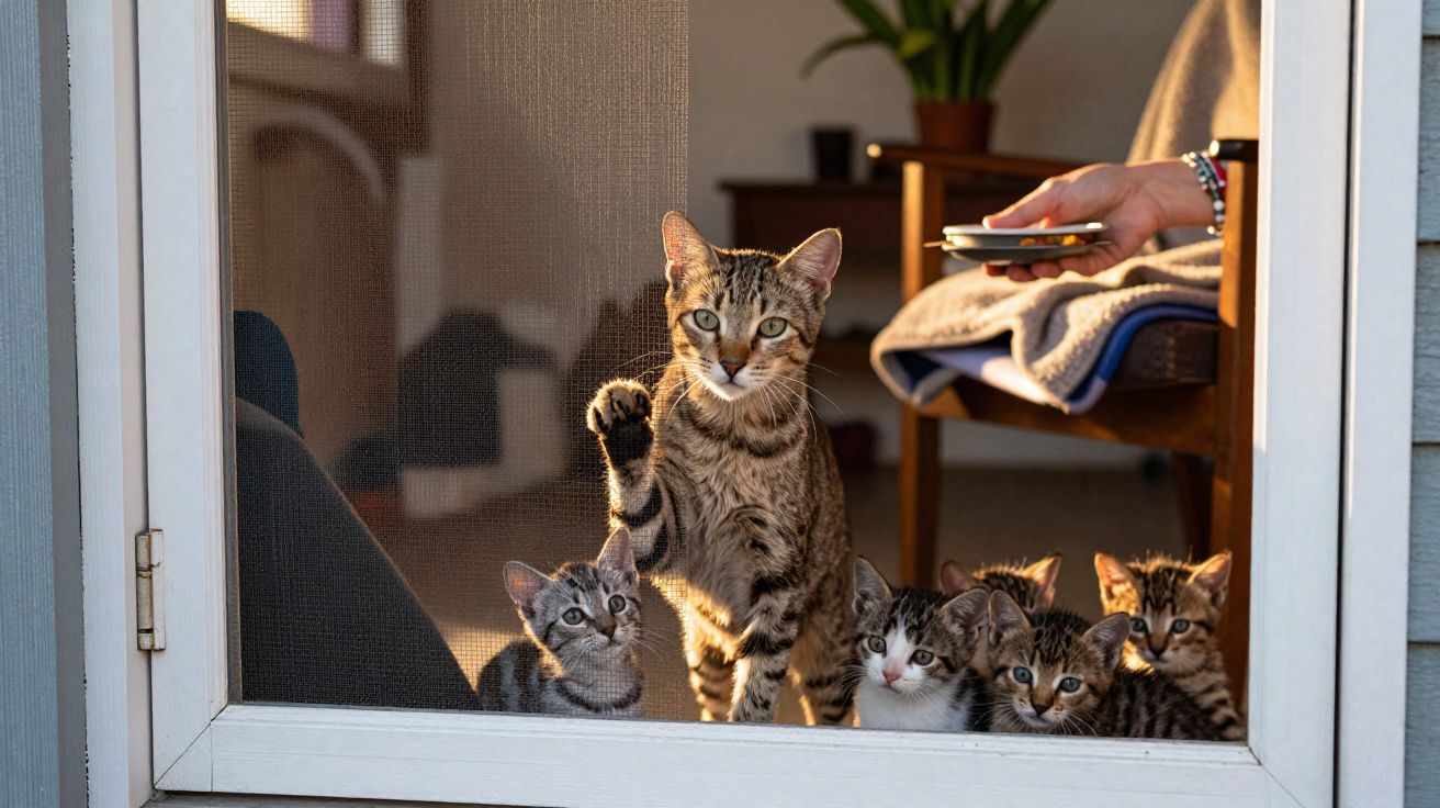 Gato adulto e quatro filhotes atrás de tela de porta, com pessoa ao fundo segurando controle remoto.