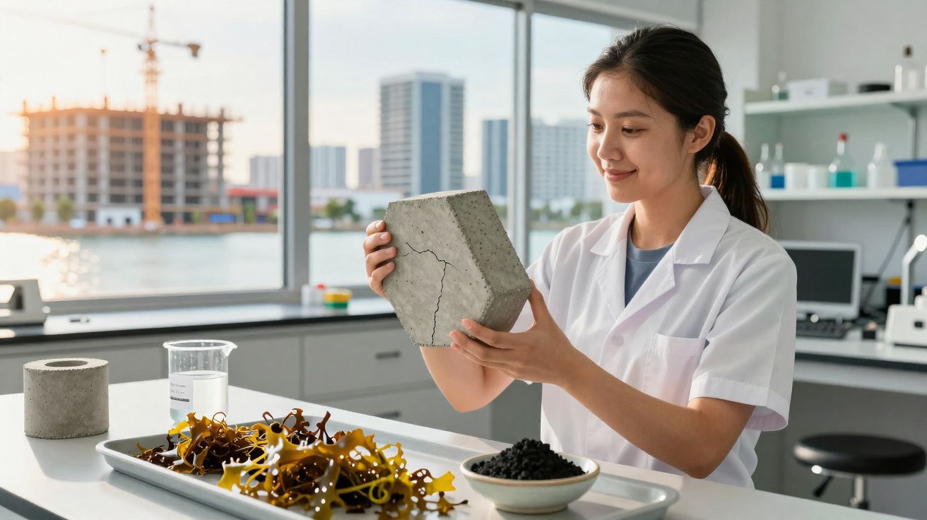 Mulher em laboratório analisando peça de concreto com rachadura, com amostras e edifícios ao fundo.