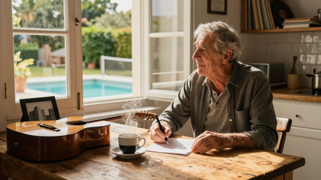Homem idoso escrevendo em papel na cozinha, com violão e café na mesa perto da janela aberta.