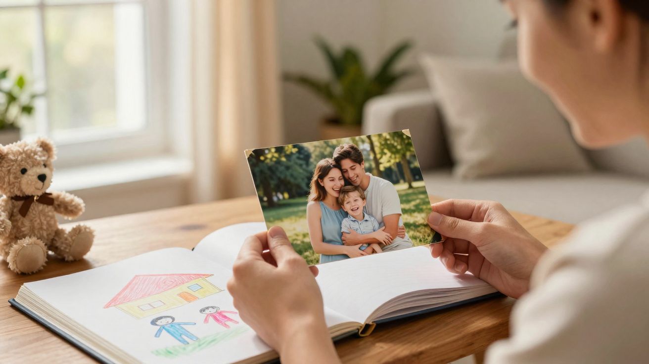 Pessoa segurando foto de família sorridente ao lado de álbum com desenho infantil de casa e pessoas.