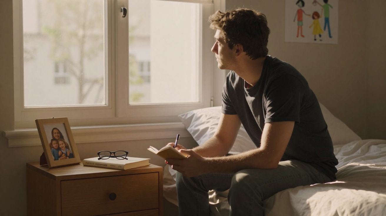Homem sentado à beira da cama escrevendo em caderno, olhando pensativo pela janela em quarto iluminado.