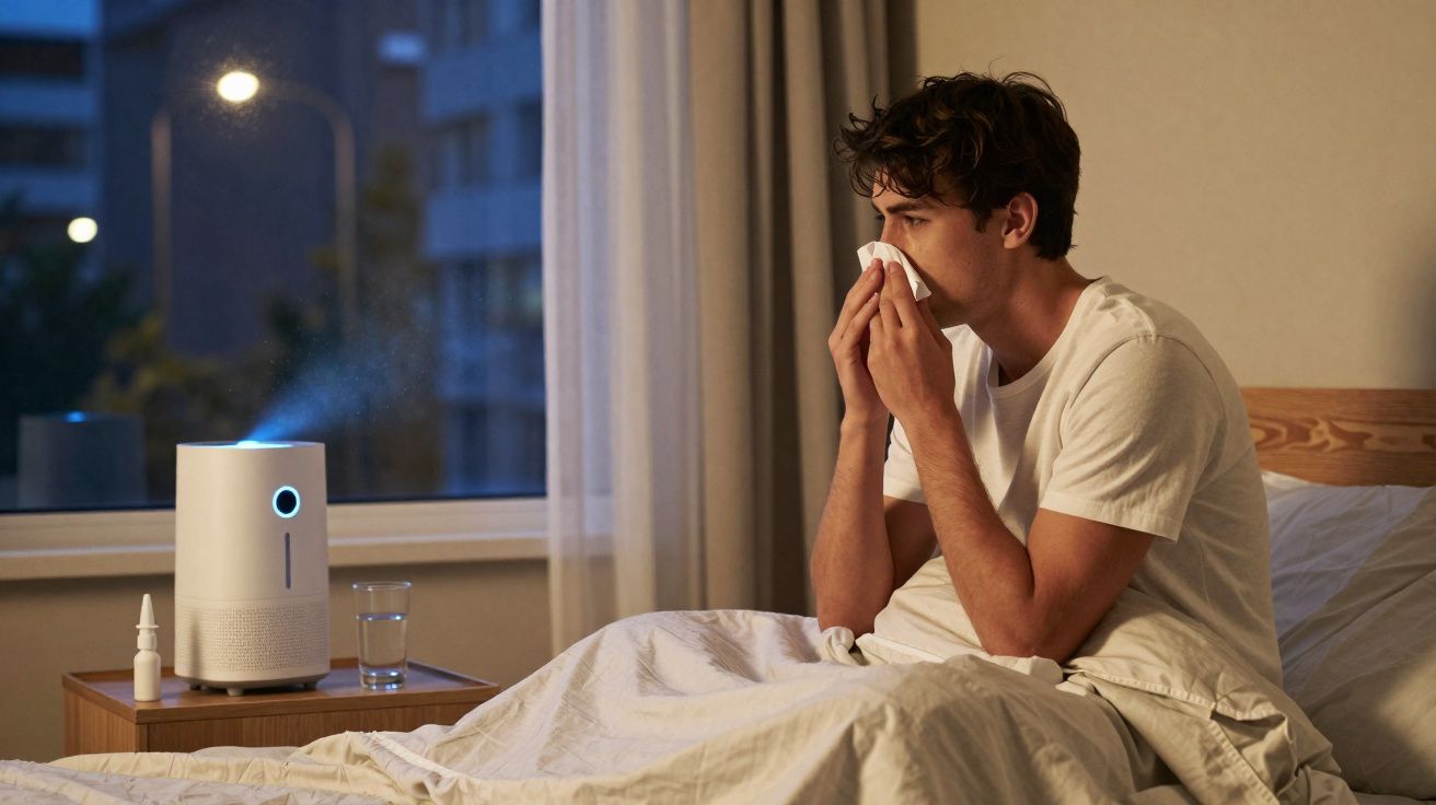 Homem no quarto usando lenço no nariz perto de umidificador à noite.