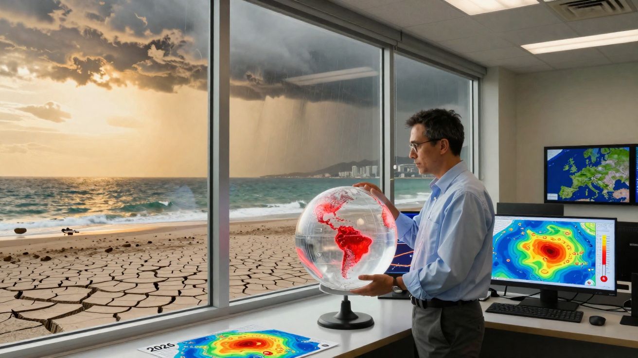 Homem em escritório observa globo terrestre e mapas de clima com cenário de seca e tempestade do lado de fora.
