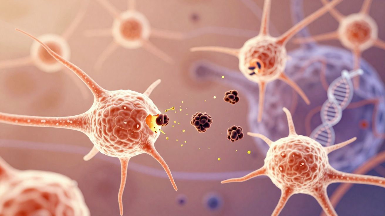 Ilustração de células imunológicas atacando partículas estranhas no corpo humano.