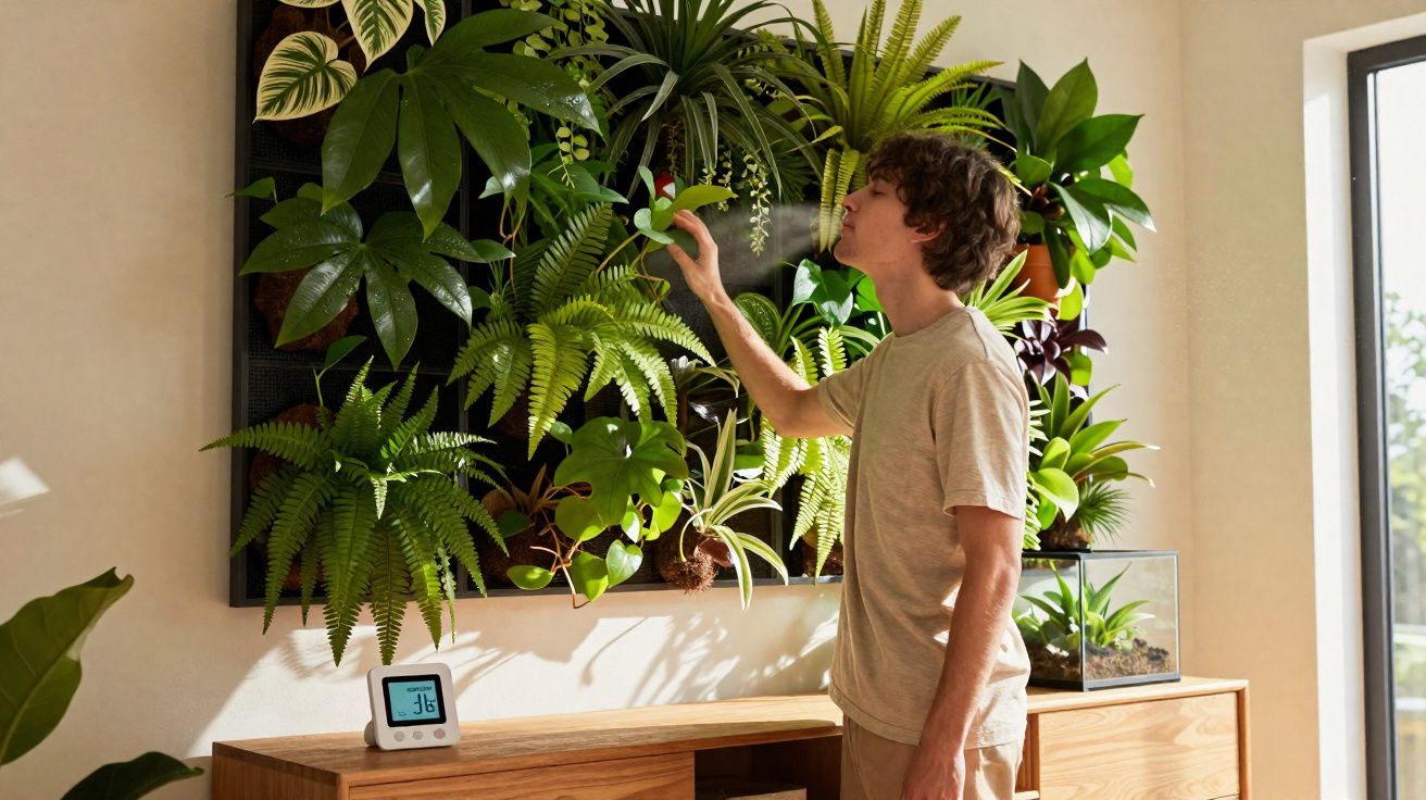 Jovem regando plantas em painel verde dentro de casa iluminada pela luz natural.