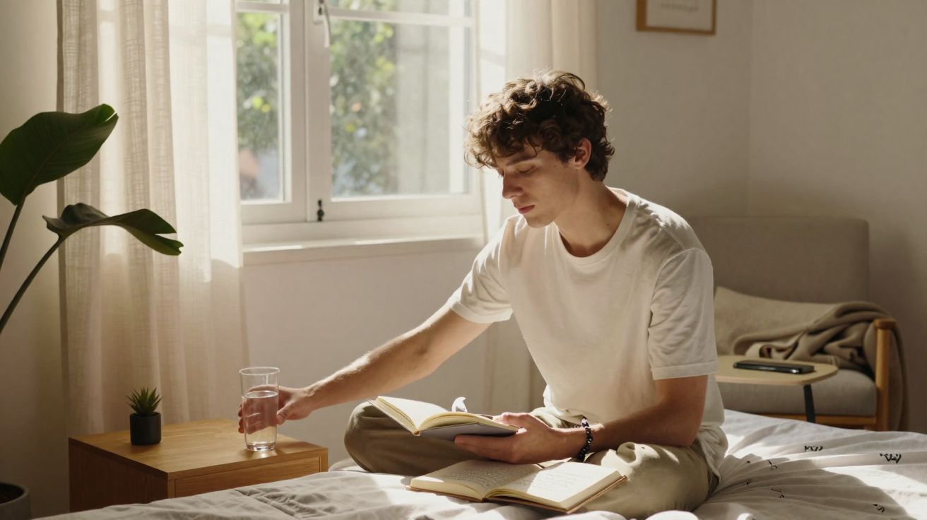 Jovem sentado na cama lendo livro e pegando um copo de água em cômodo iluminado pela janela.