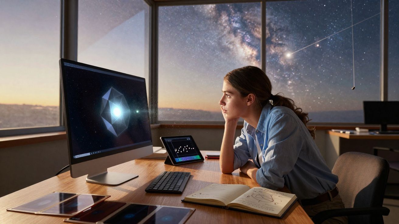 Mulher estudando astronomia em escritório com computador, tablet e céu estrelado ao fundo, incluindo Via Láctea.