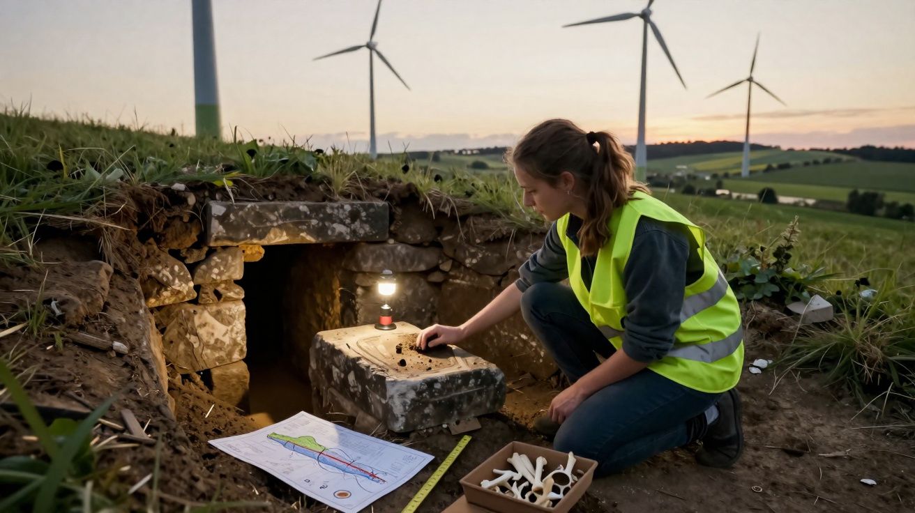 Mulher arqueóloga em colete refletivo examina artefato em sítio arqueológico ao ar livre ao entardecer.