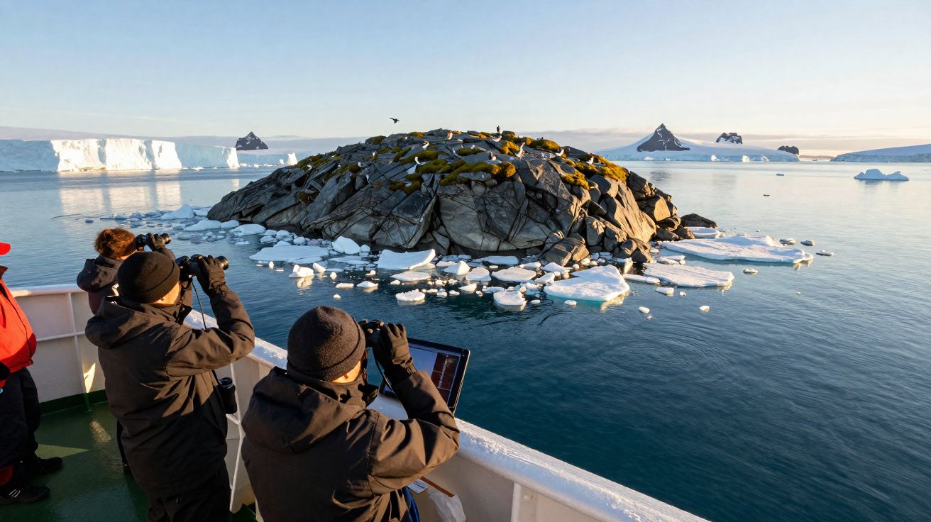 Pessoas observando e fotografando um grupo de focas sobre uma ilha rochosa cercada por gelo na Antártida.