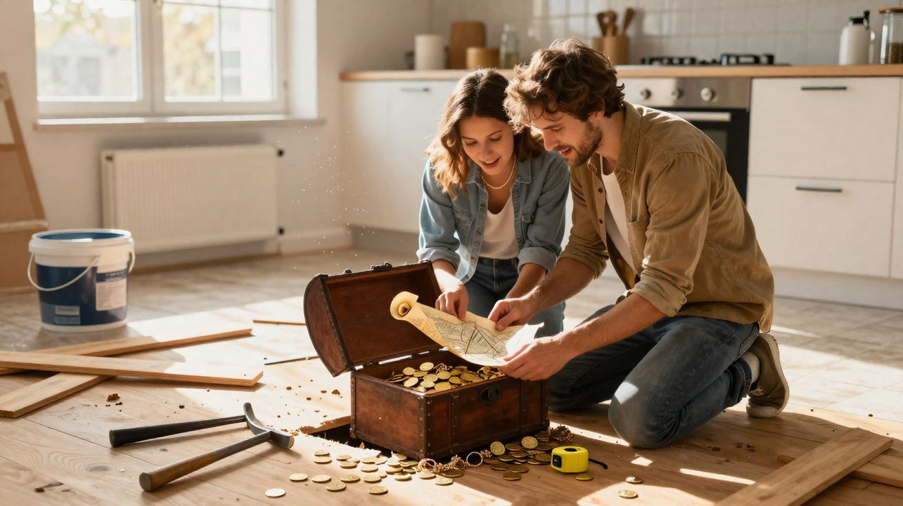 Casal jovem encontra baú com moedas de ouro e mapa em chão de cozinha em reforma.