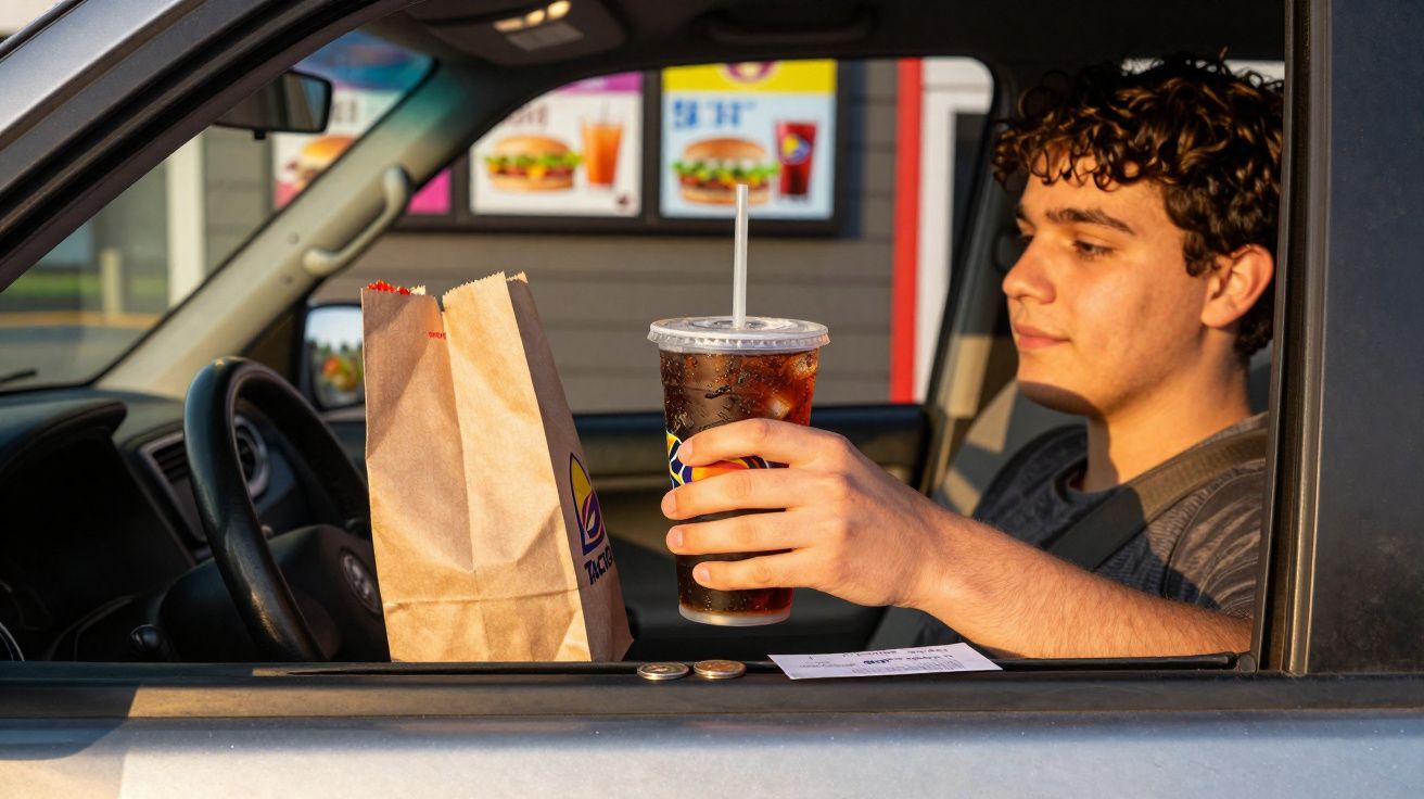 Jovem dentro do carro segurando copo com refrigerante e saco de comida do Taco Bell no drive-thru.