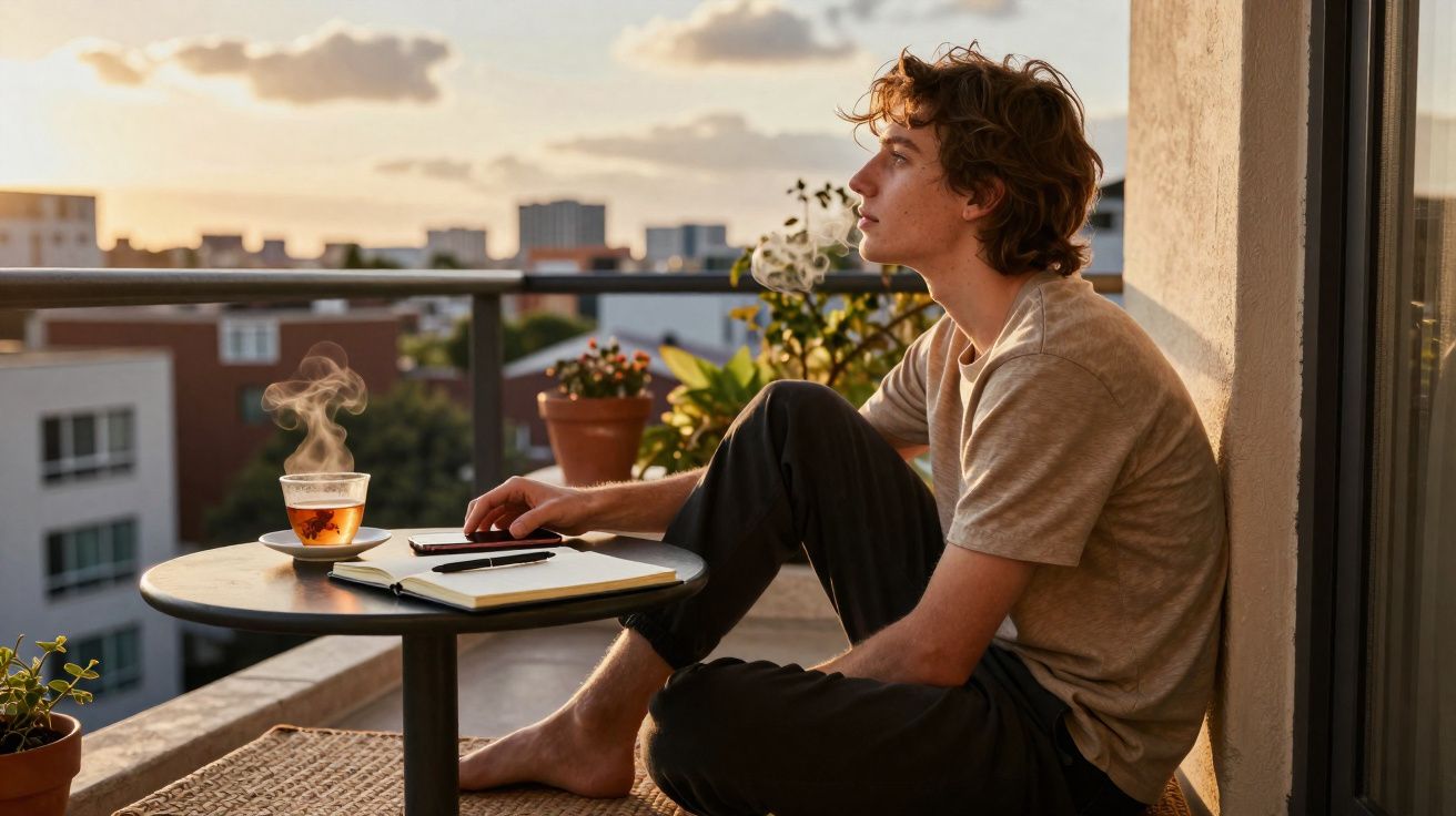 Jovem sentado no chão da varanda ao pôr do sol, com chá, caderno e caneta na mesa.