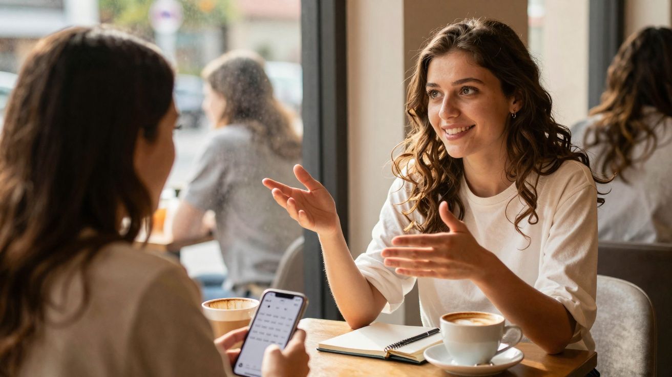 Duas mulheres conversando animadamente em café, com café e caderno na mesa, luz natural entrando pela janela.