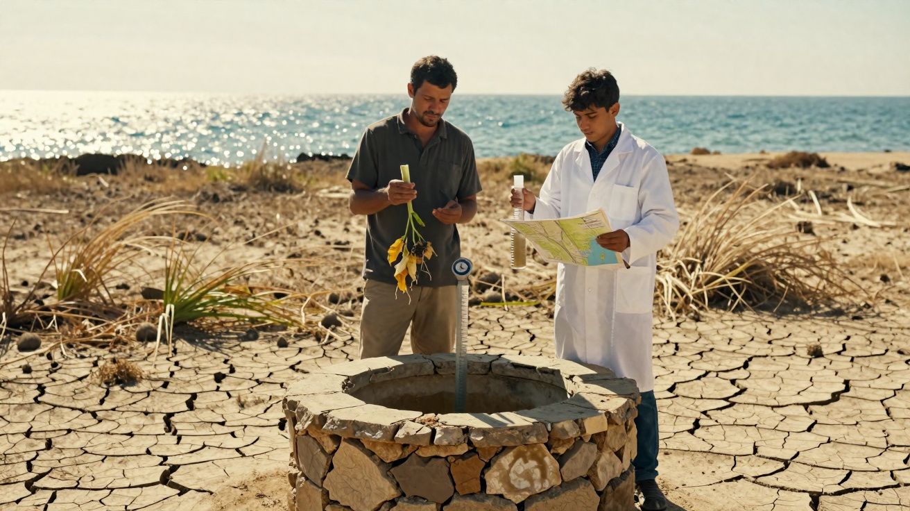 Dois homens analisam amostras ao lado de um poço em terreno seco e rachado próximo ao mar.