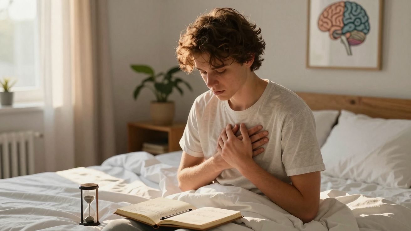 Jovem sentado na cama segurando o peito com expressão de desconforto e um livro aberto à sua frente.