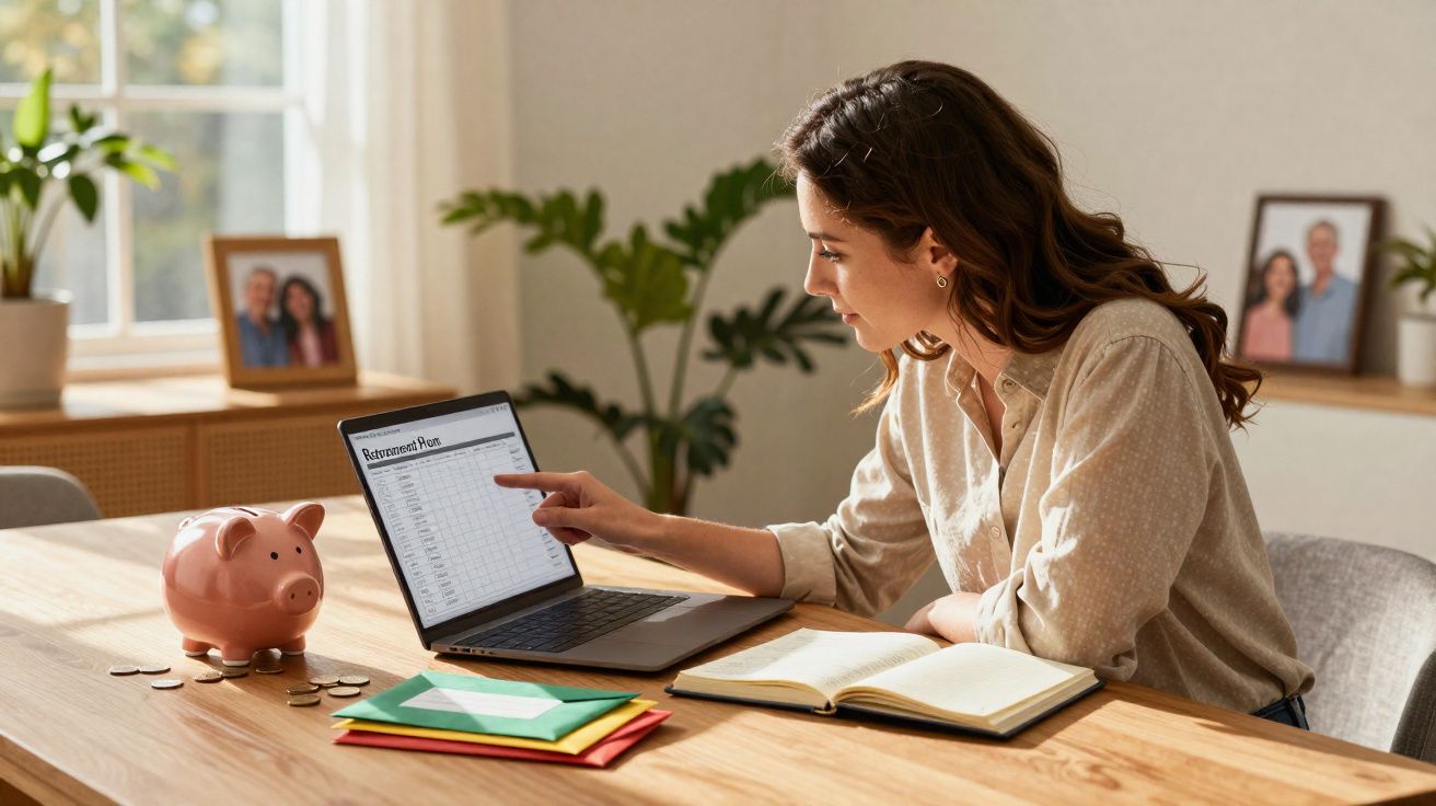 Mulher analisando planilha financeira no laptop com cofrinho, moedas, apostilas e caderno à mesa.