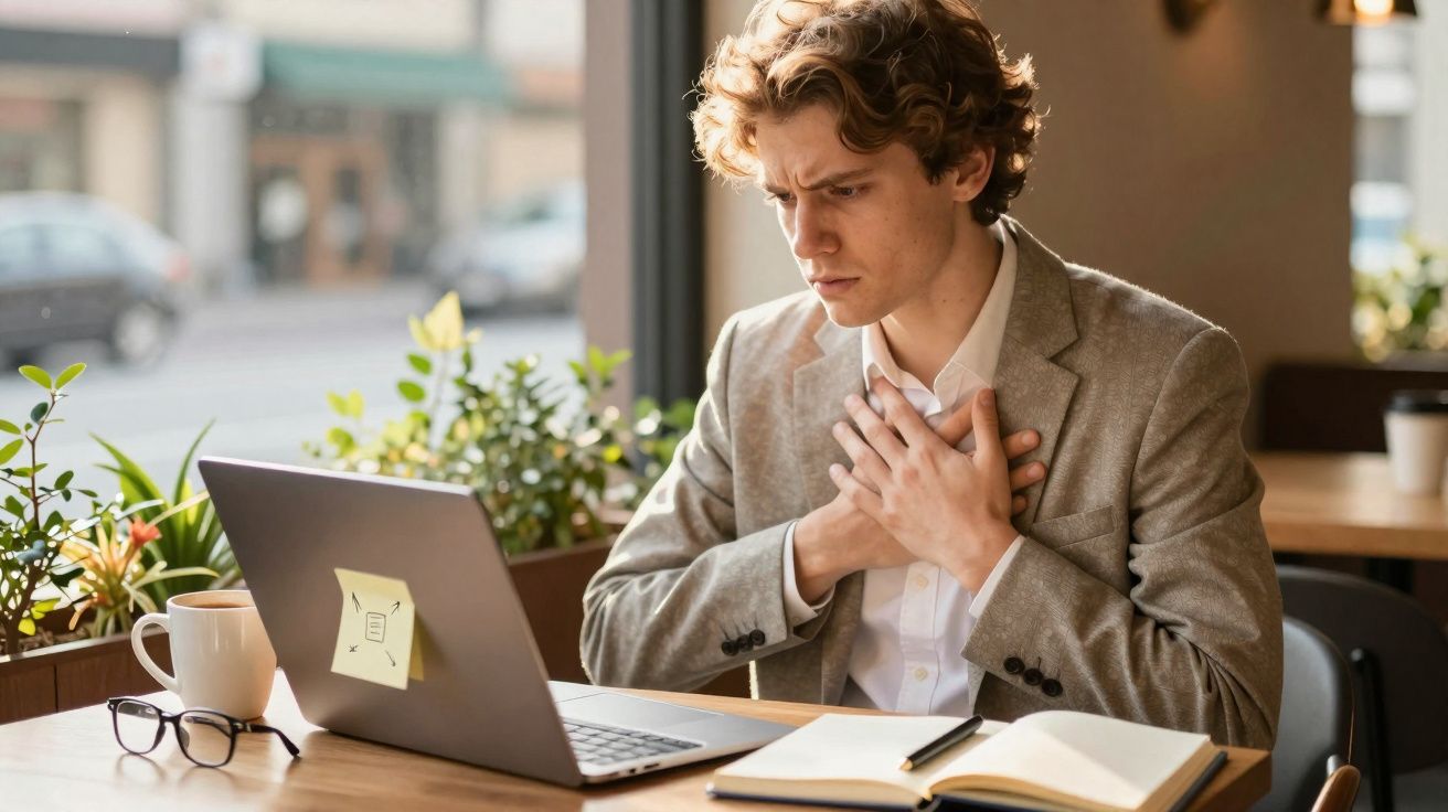 Jovem sentado à mesa com laptop parece sentir dor no peito em ambiente interno com plantas e objetos de escritório.