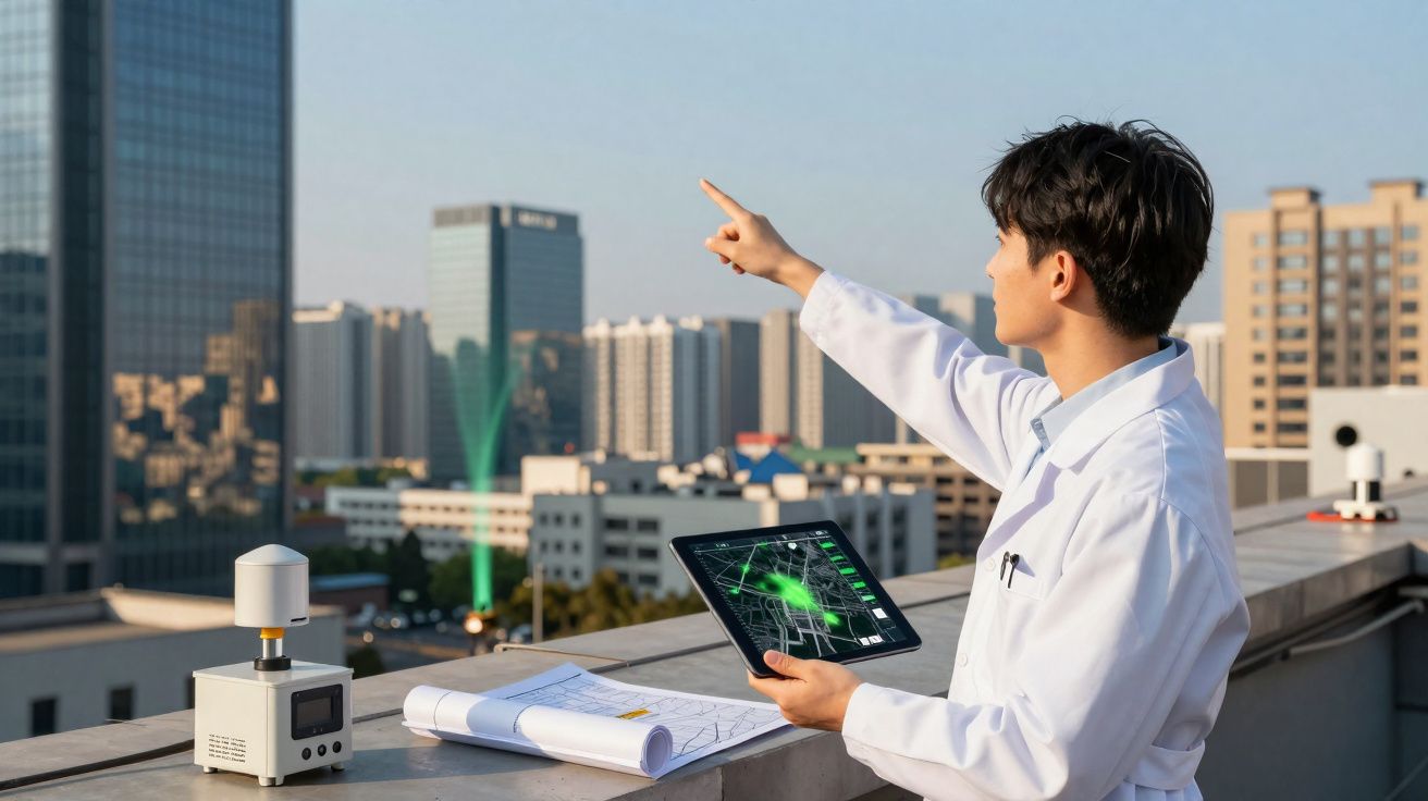 Engenheiro com tablet e planta aponta para edifícios em telhado de cidade moderna.