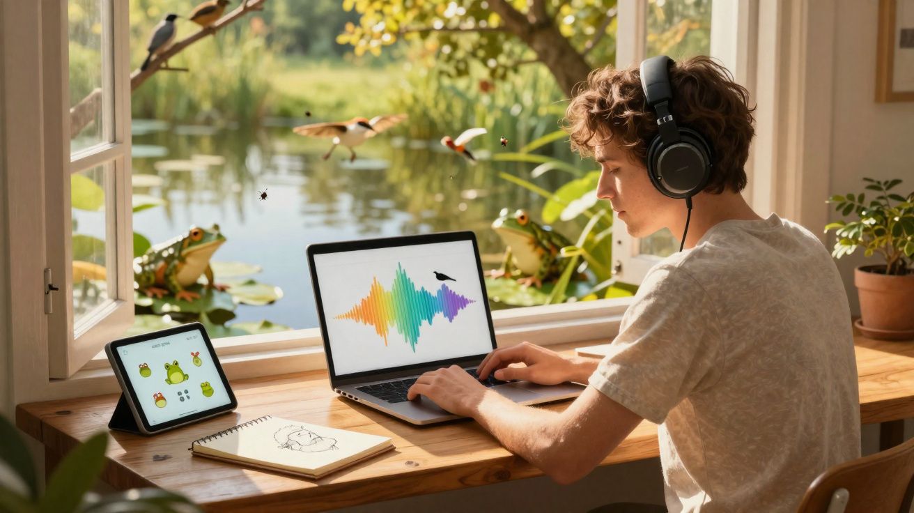 Jovem com fones escuta e trabalha em laptop numa mesa perto de janela aberta com sapos e pássaros do lado de fora.