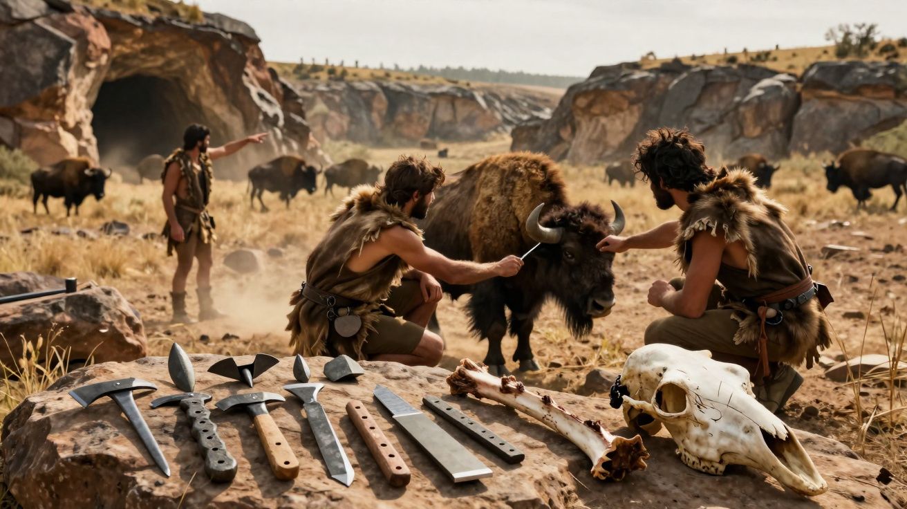 Homens pré-históricos com peles cuidam de bisão enquanto ferramentas de pedra e ossos estão sobre pedra em caverna.