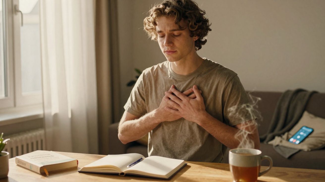 Jovem sentado à mesa com olhos fechados, mãos sobre o peito, ao lado de livros e xícara de chá fumegante.