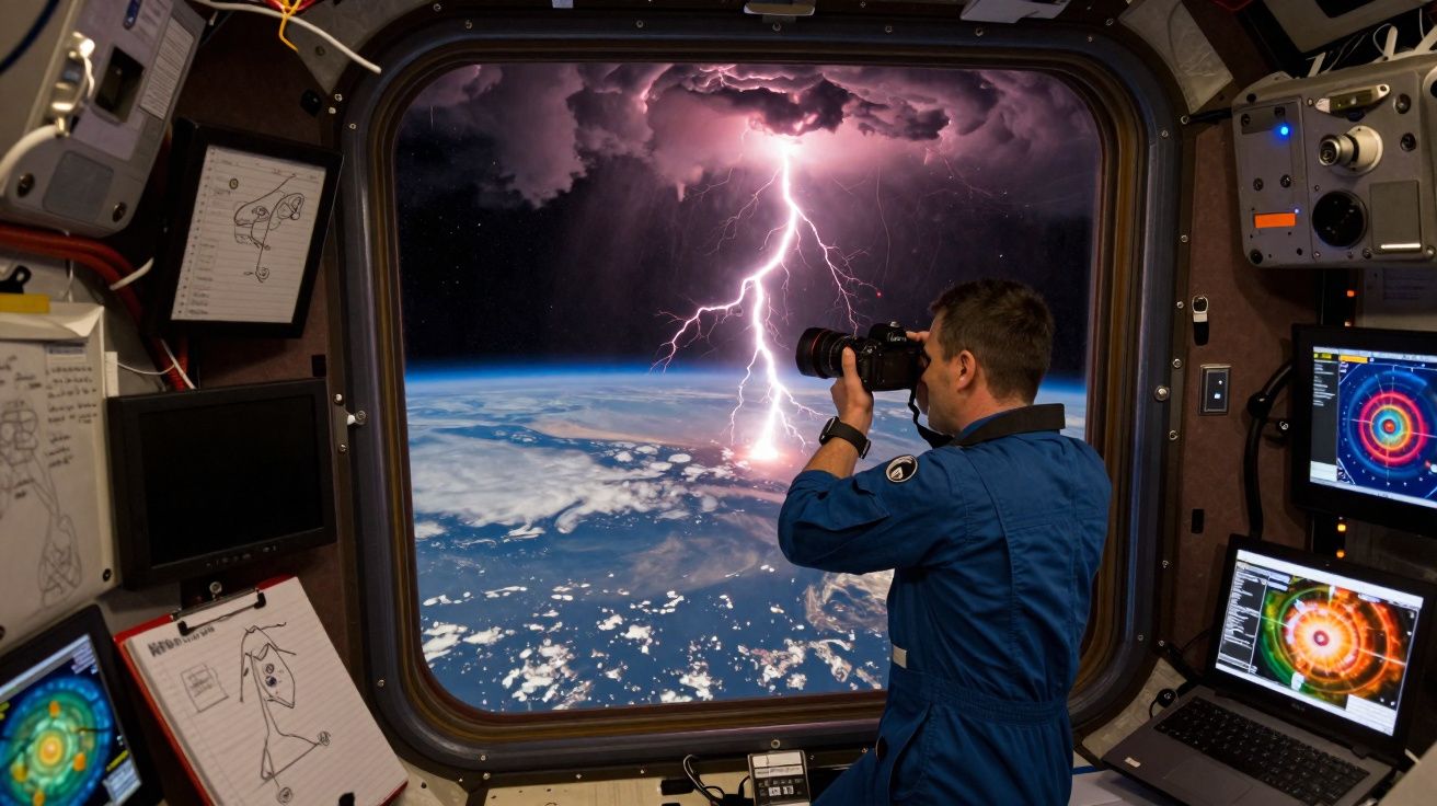 Astronauta dentro da estação espacial fotografando raio sobre a Terra vista do espaço.