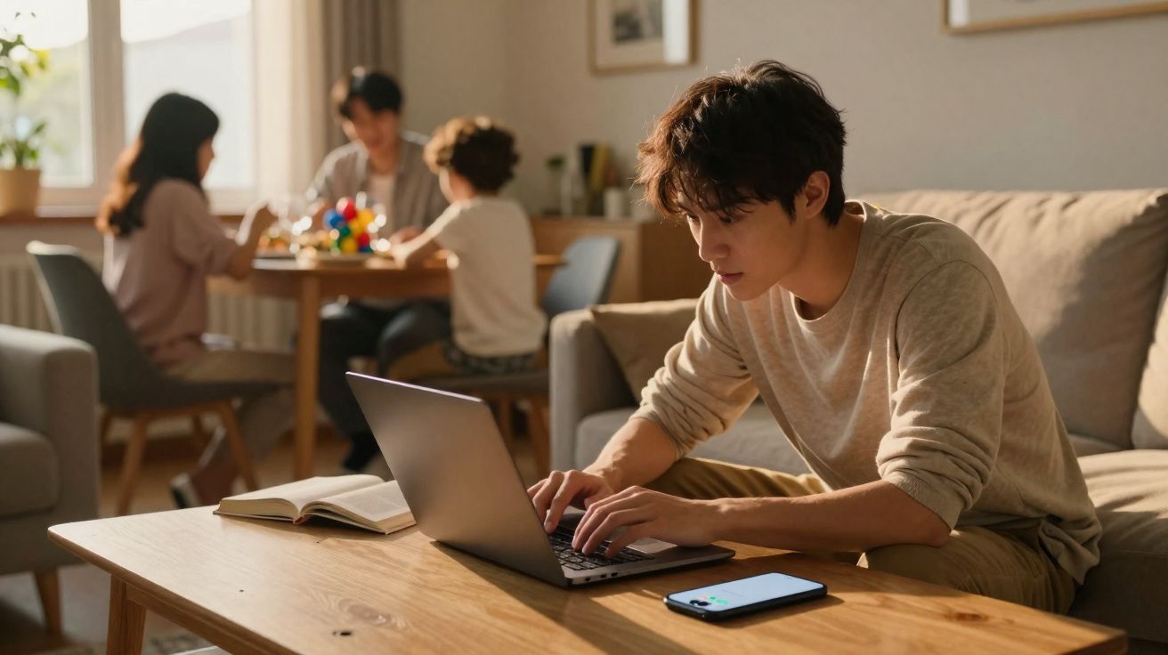 Jovem homem usando laptop em mesa de centro com família brincando ao fundo em sala iluminada.