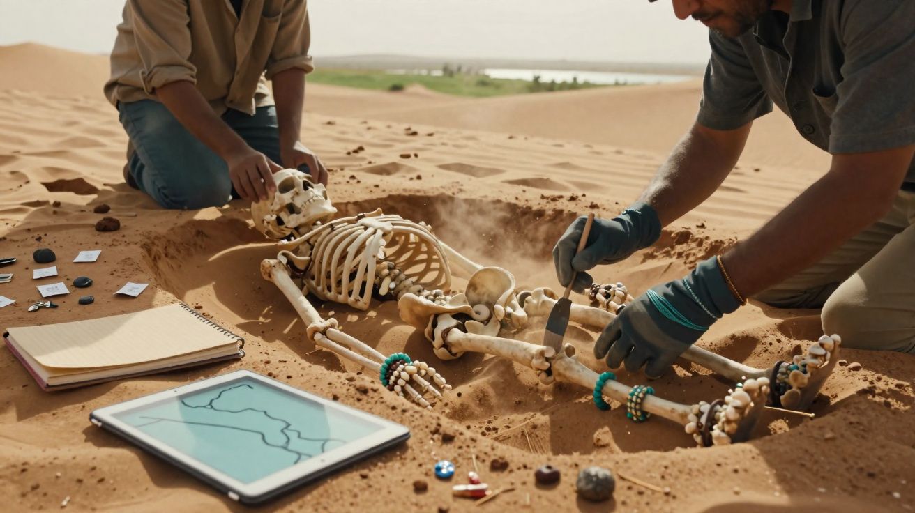 Dois arqueólogos escavam e limpam um esqueleto humano enterrado na areia de um deserto.