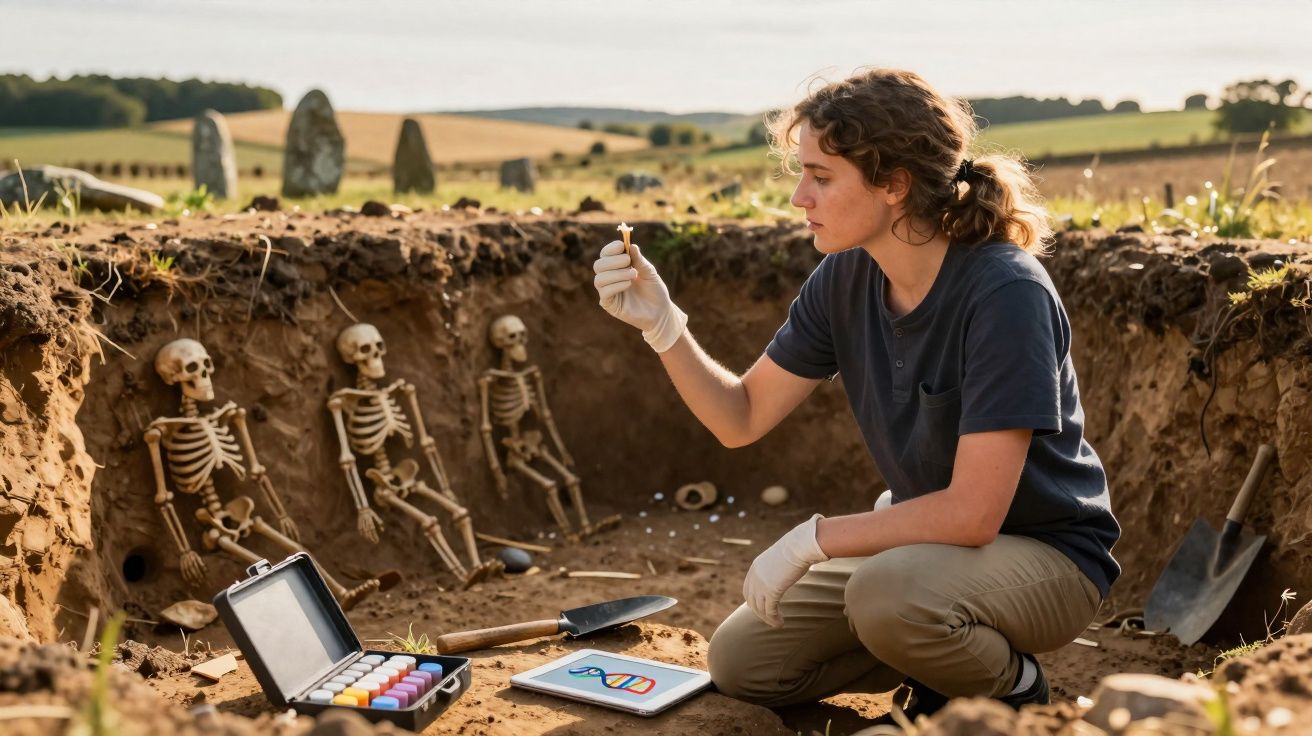 Jovem arqueóloga examina osso pequeno em escavação arqueológica com esqueletos e ferramentas ao redor.