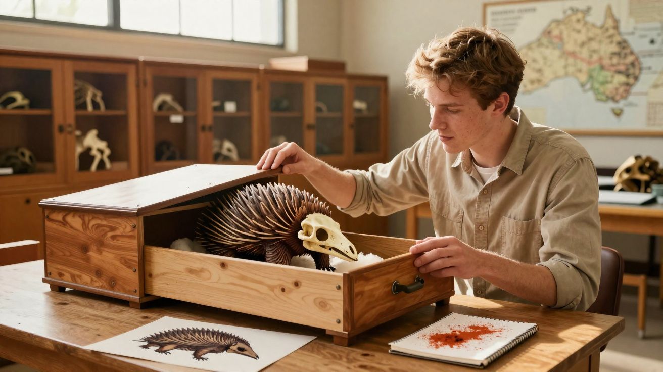 Jovem examina modelo de animal com crânio em caixa de madeira em sala de aula com material de pesquisa.