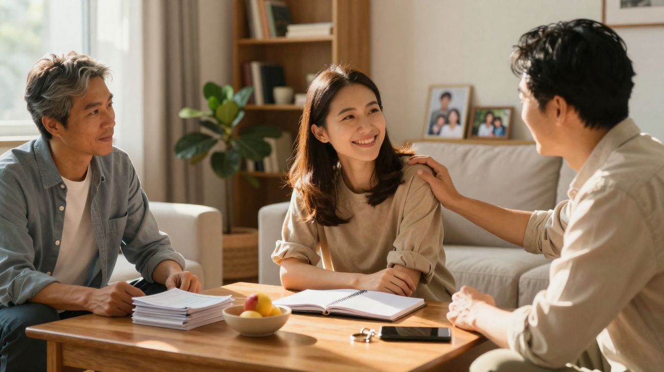 Três pessoas conversando alegremente em uma sala de estar com mesa de madeira, cadernos e frutas.