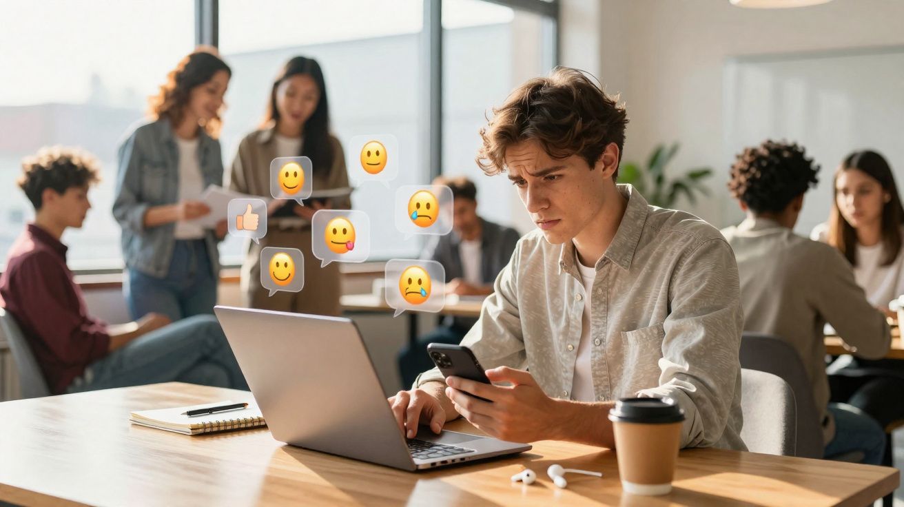 Jovem olhando preocupado para o celular enquanto emojis flutuam ao redor em ambiente de trabalho coletivo.