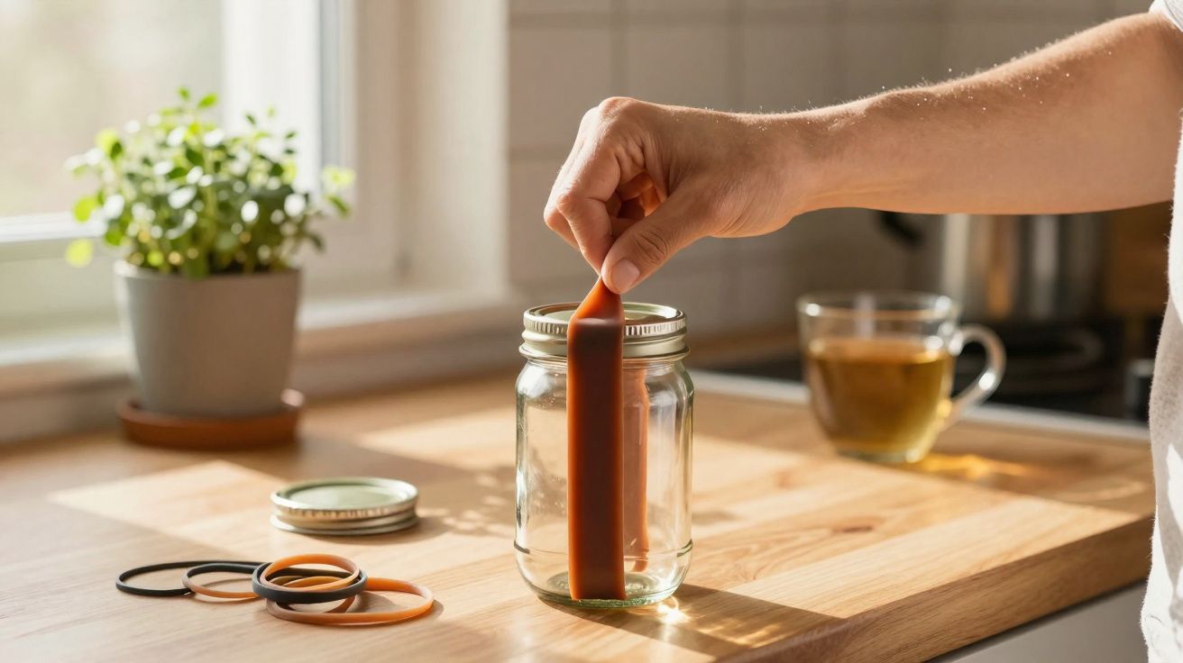 Mão segurando sachê para gelar bebida dentro de jarra de vidro em cozinha iluminada com luz natural.