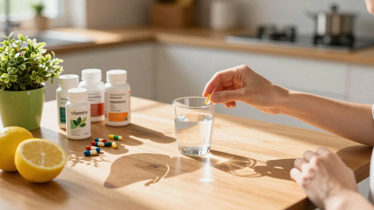 Mão segurando comprimido perto de copo com água, frascos de vitaminas e limões sobre mesa de madeira.