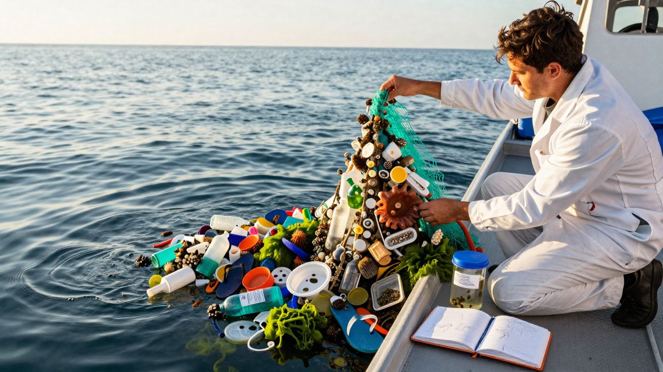 Homem retira rede cheia de lixo plástico do mar enquanto está em um barco.