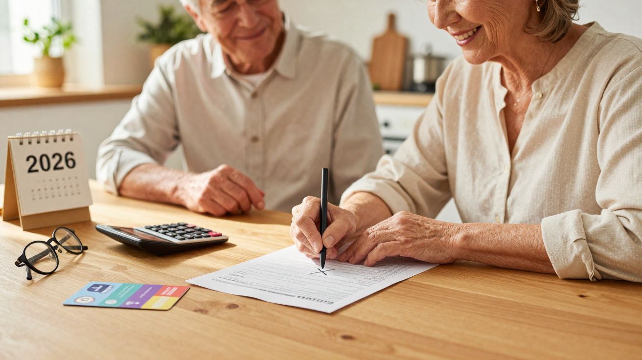 Casal idoso sentado à mesa, assinando documento com calendário e cartão de crédito ao lado.