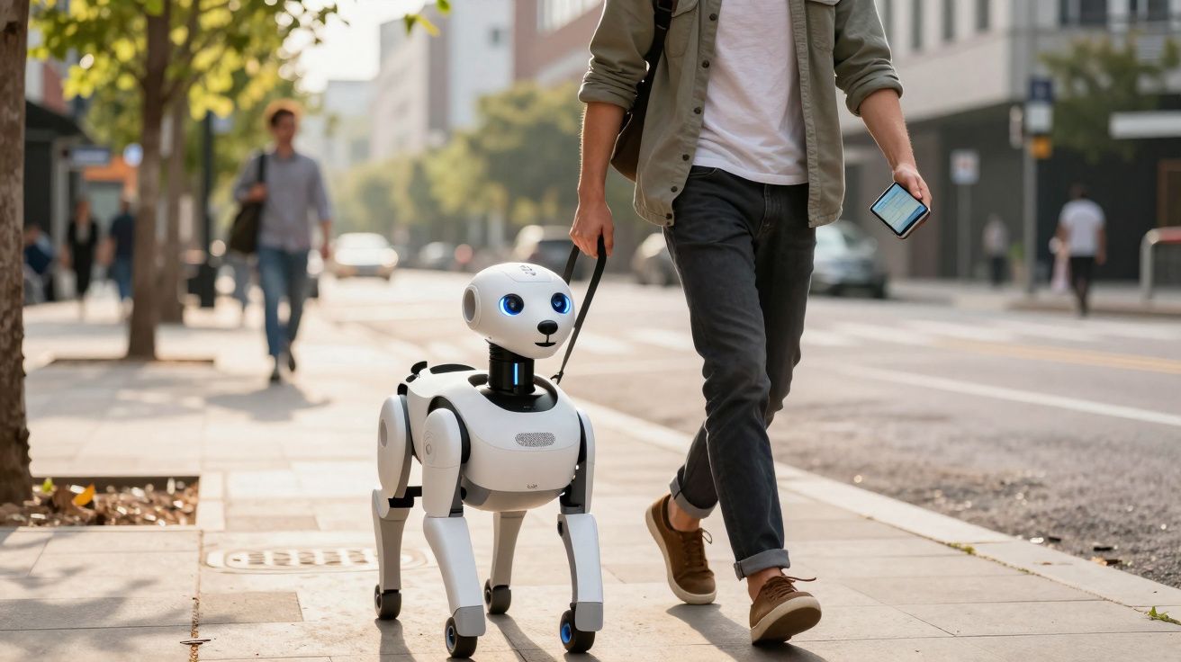 Pessoa caminhando com cachorro robô branco com olhos azuis em calçada urbana ensolarada.
