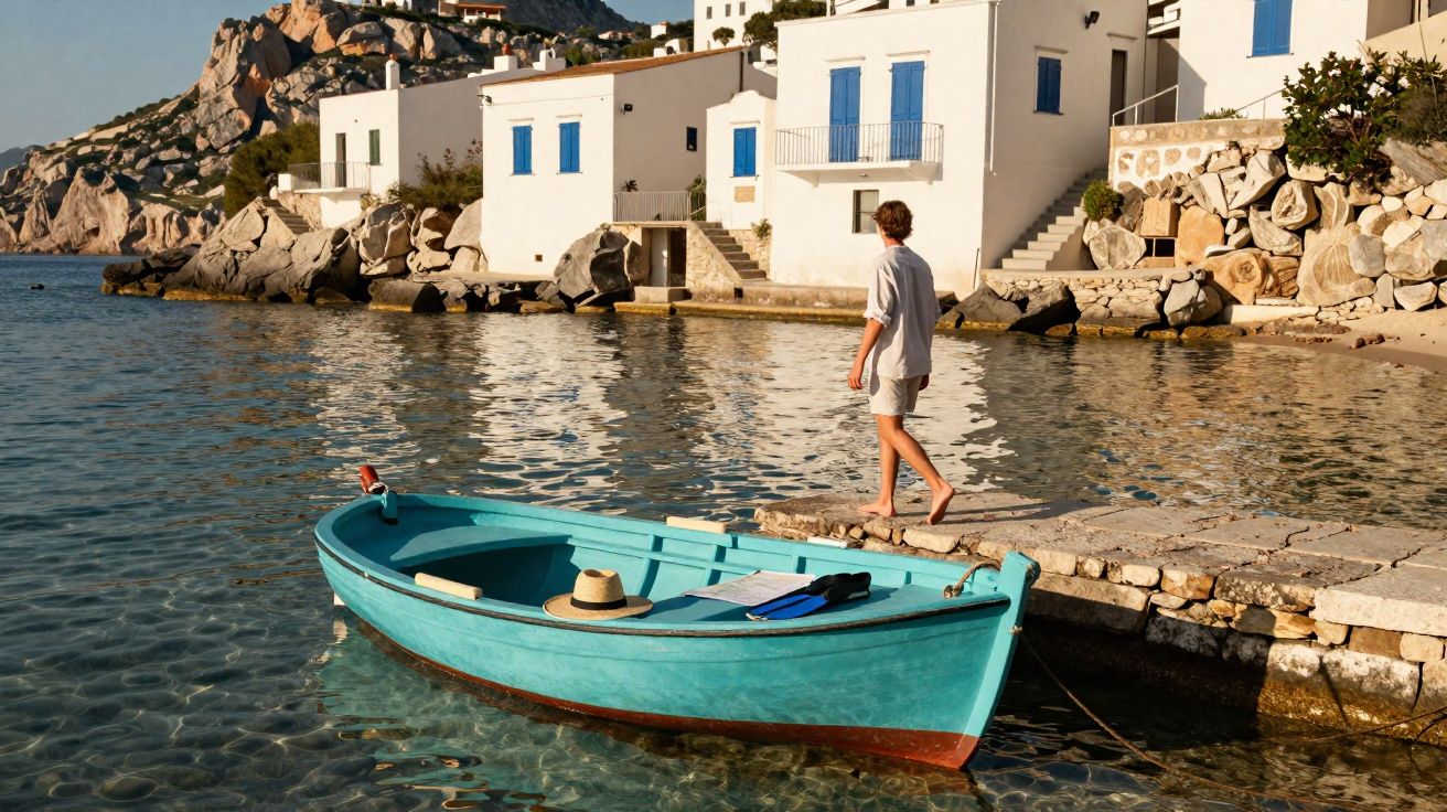 Barco azul em água cristalina perto de casas brancas com portas azuis em vilarejo costeiro ensolarado.