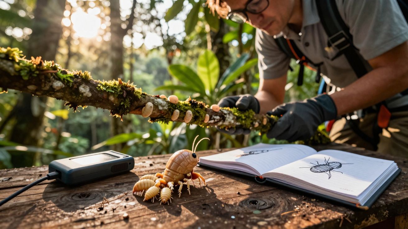 Pesquisador observa fungos em galho, com caderno aberto mostrando desenhos de insetos, em ambiente natural.