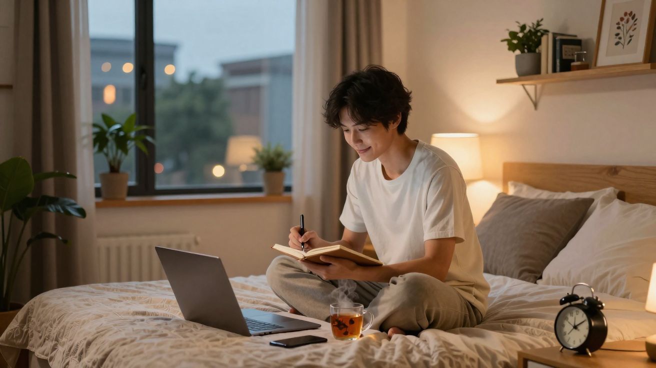 Jovem sentado na cama escrevendo em caderno com laptop e chá em ambiente aconchegante ao entardecer.