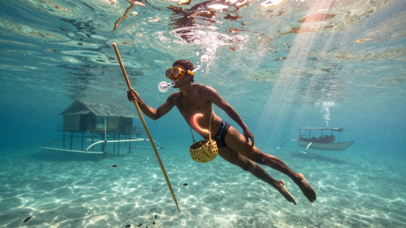 Homem submerso com máscara de mergulho, segurando vara e cesto, em águas cristalinas com casas e barco ao fundo.