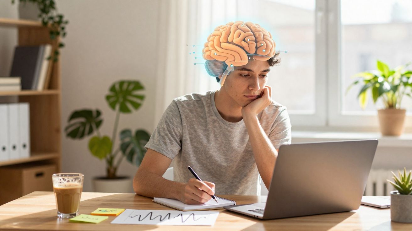 Jovem estudando com laptop e caderno, imagem digital de cérebro sobre a cabeça representando foco e aprendizado.